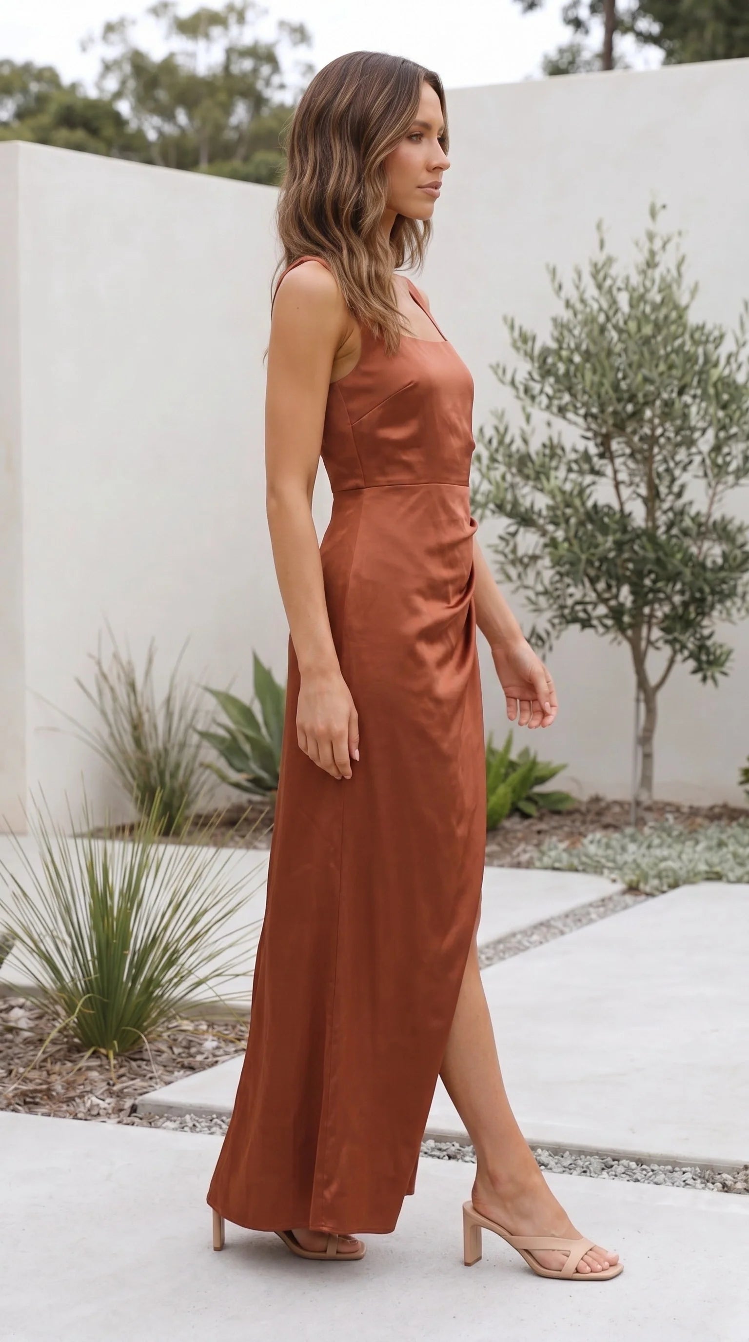 Women's Maxi Dress Square Neck Side Split Satin Evening Dress