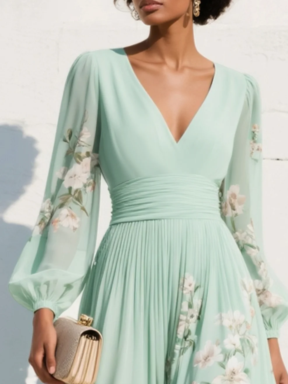 Women's Midi Dress V-Neck Floral Chiffon Summer Casual