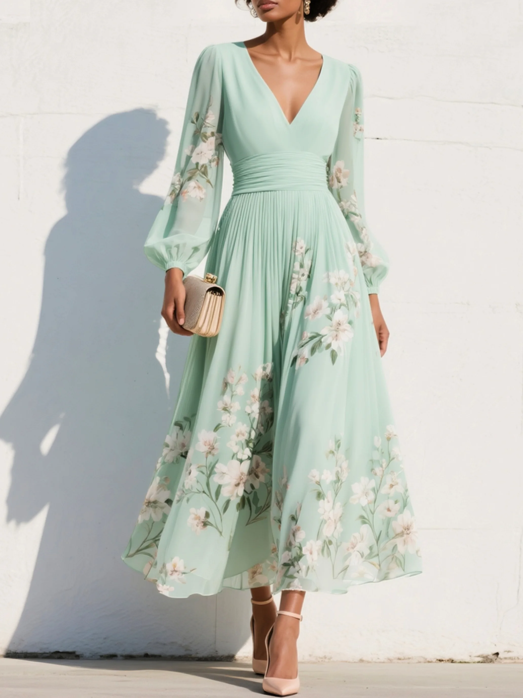 Women's Midi Dress V-Neck Floral Chiffon Summer Casual
