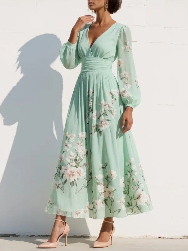 Women's Midi Dress V-Neck Floral Chiffon Summer Casual