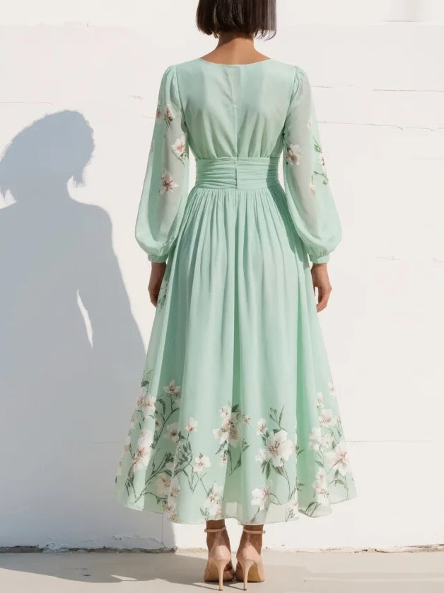 Women's Midi Dress V-Neck Floral Chiffon Summer Casual