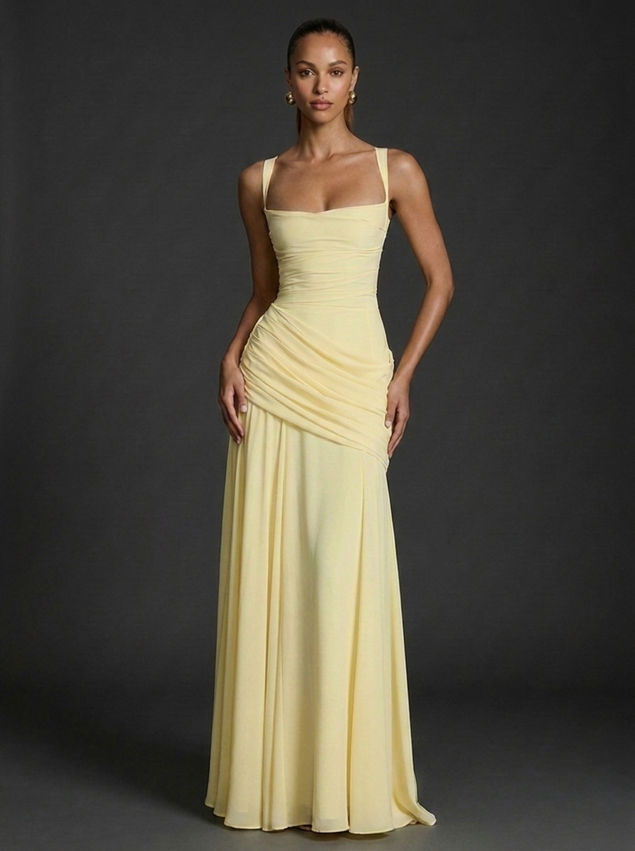Women's Maxi Dress Square Neck Sleeveless Ruched Wedding Guest Outfit