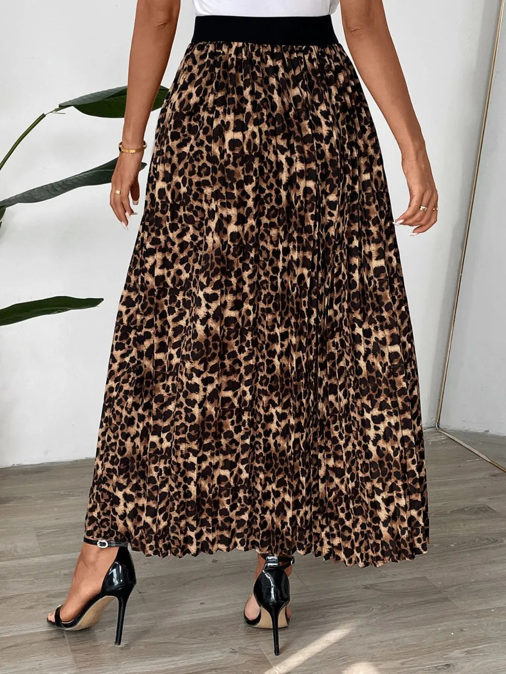 Women's Pleated Leopard Maxi Skirt Casual