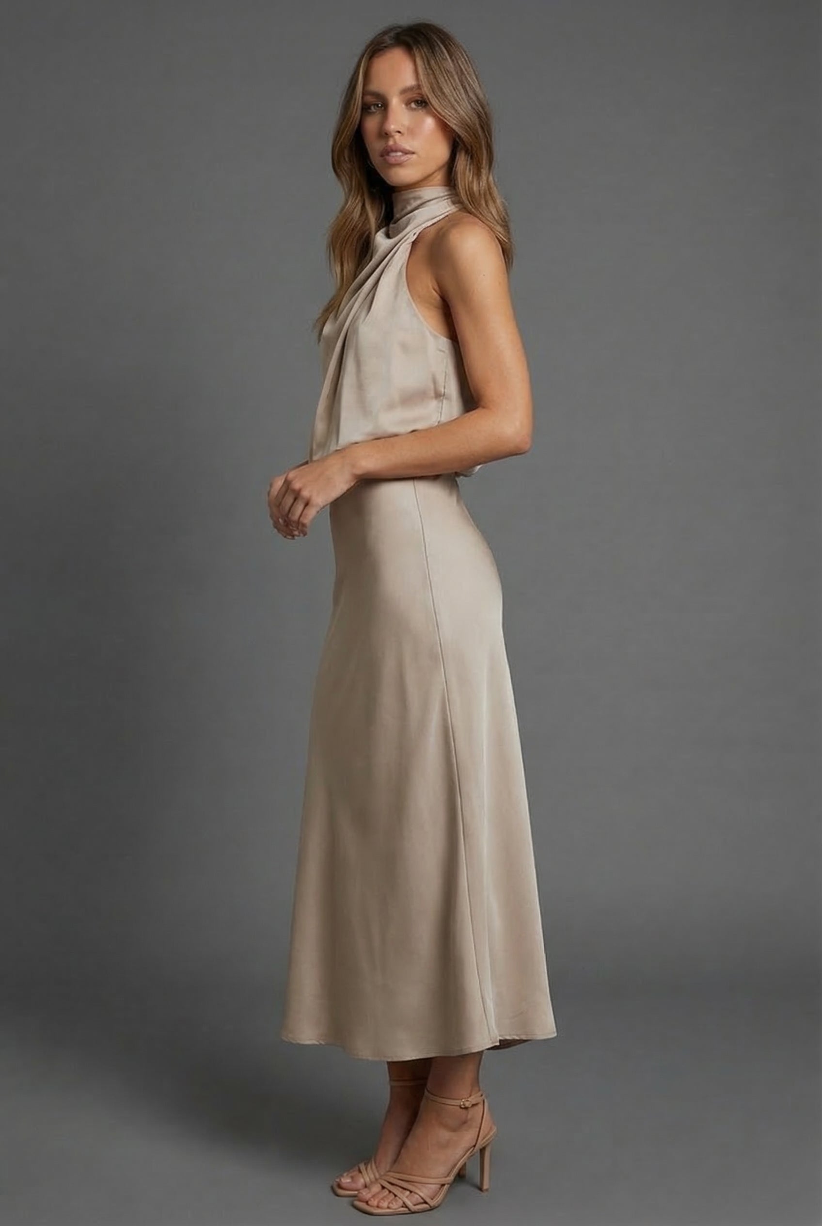 Women's Midi Dress Halterneck Satin Style Wedding Guest