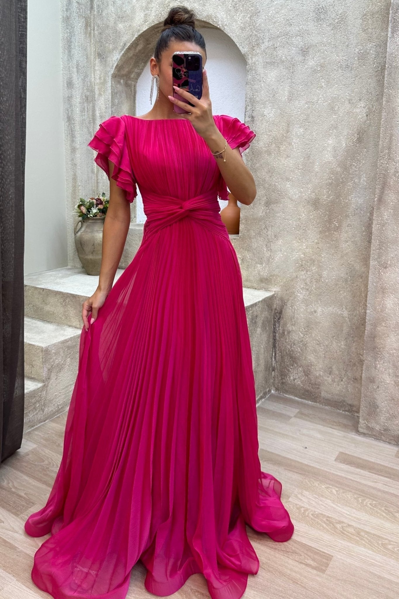 Women's Maxi Dress Pleated Ruffle Sleeve Twist Waist Formal Wedding Guest Gown
