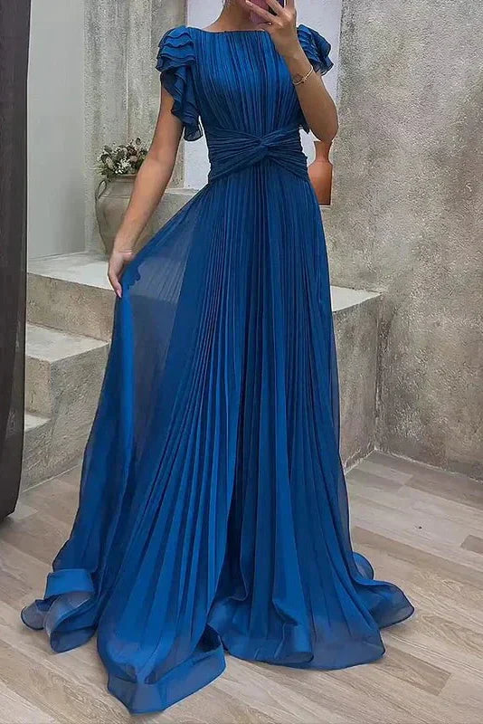 Women's Maxi Dress Pleated Ruffle Sleeve Twist Waist Formal Wedding Guest Gown