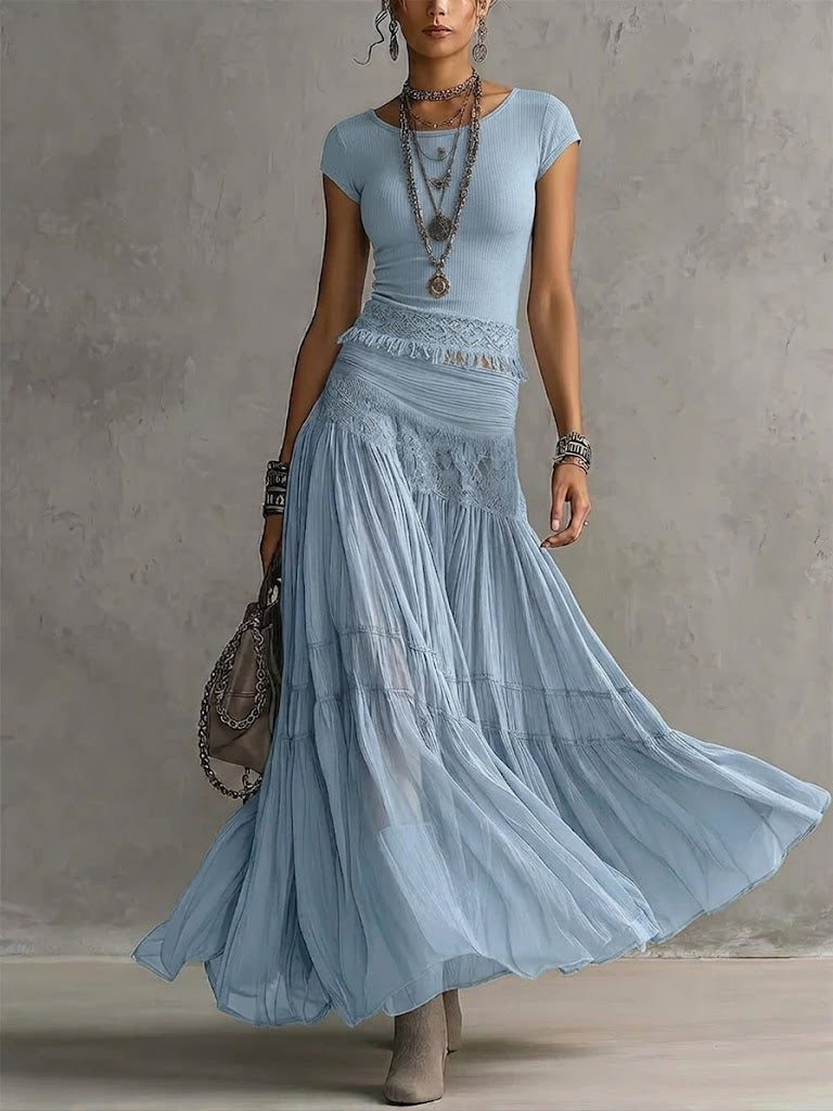 Women's Casual Bohemian Short Sleeve T-Shirt Skirt Two-Piece Set