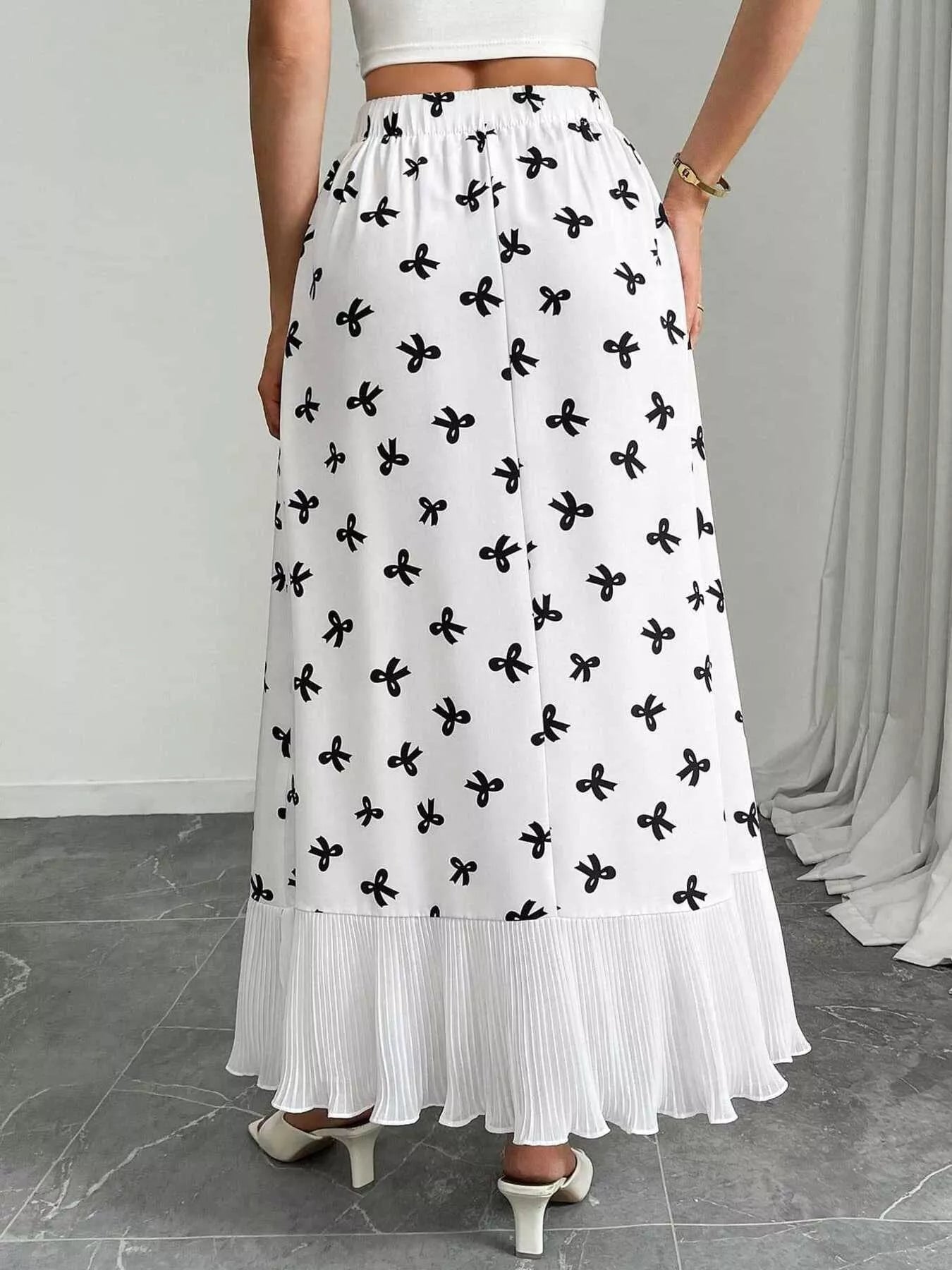 Women's Maxi Skirt Bow-Print Ruffle Hem Casual