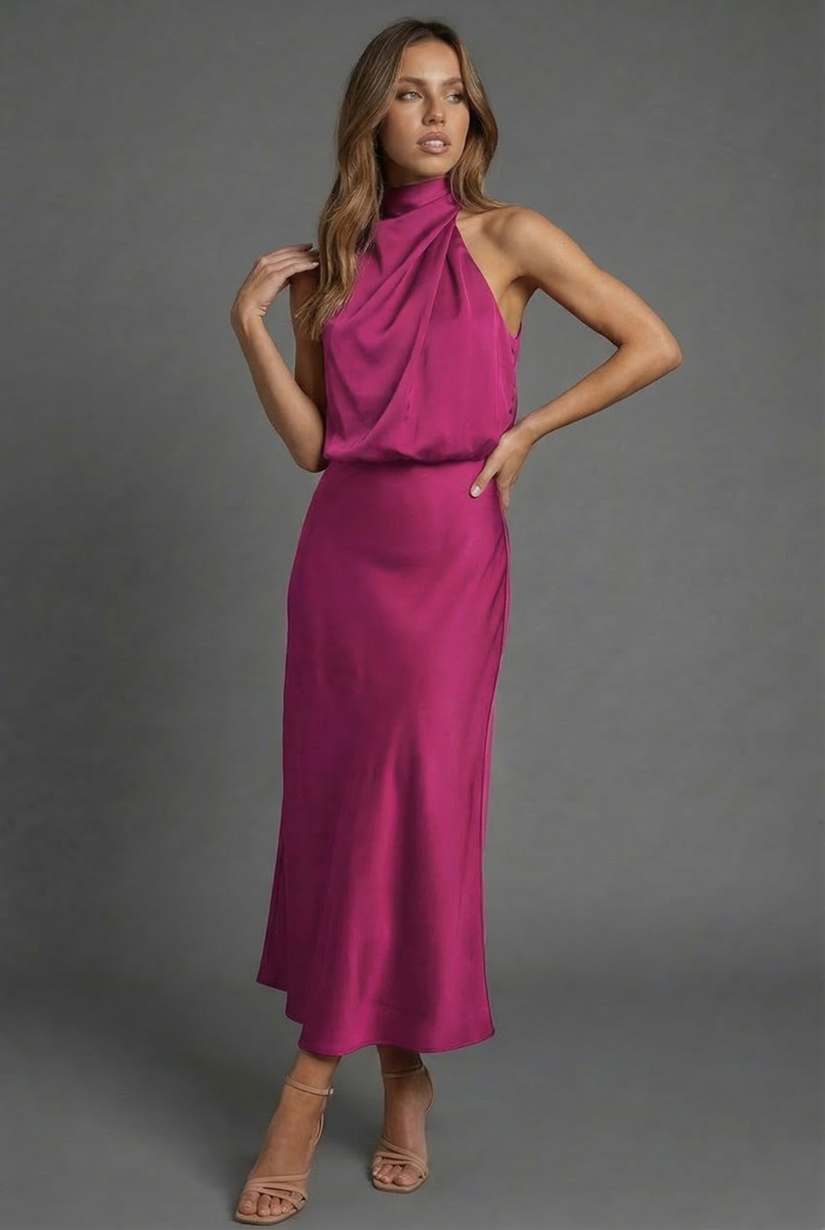 Women's Midi Dress Halterneck Satin Style Wedding Guest