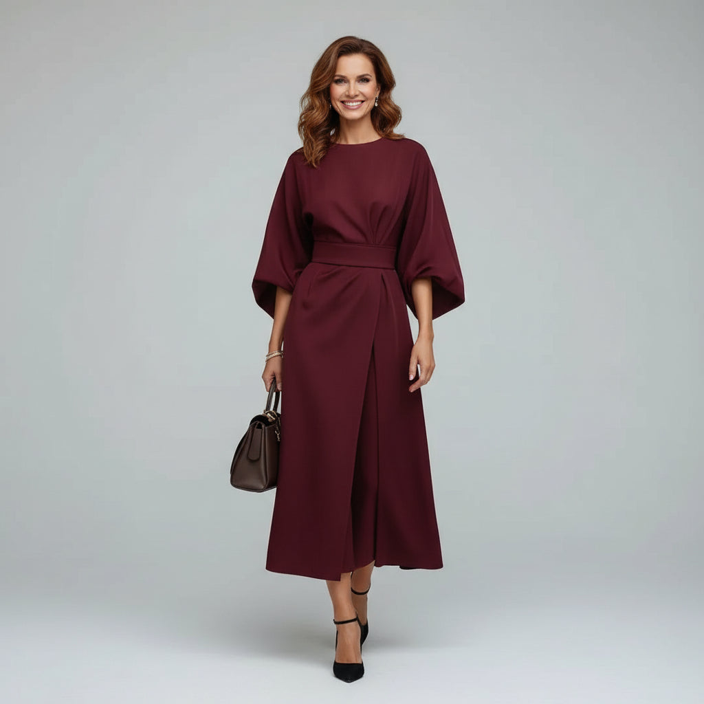 Belted Midi Dress Women – Wide Sleeve Flowing Midi Dress