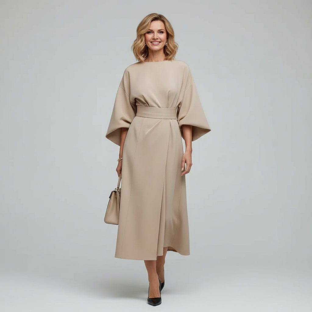 Belted Midi Dress Women – Wide Sleeve Flowing Midi Dress