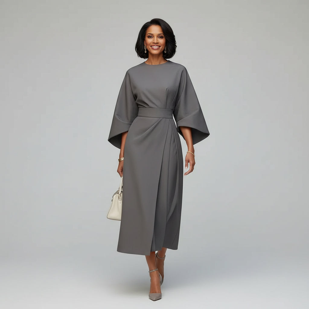 Belted Midi Dress Women – Wide Sleeve Flowing Midi Dress