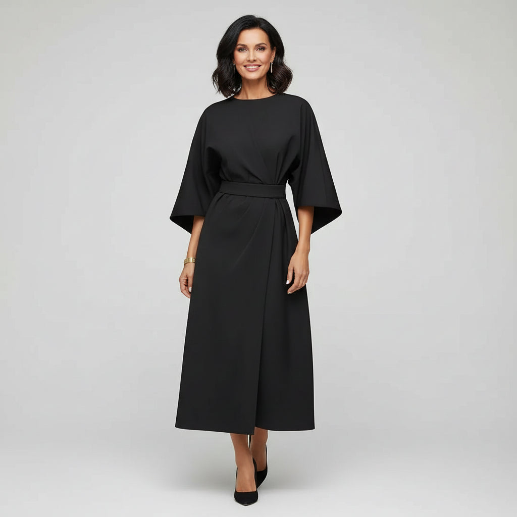 Belted Midi Dress Women – Wide Sleeve Flowing Midi Dress