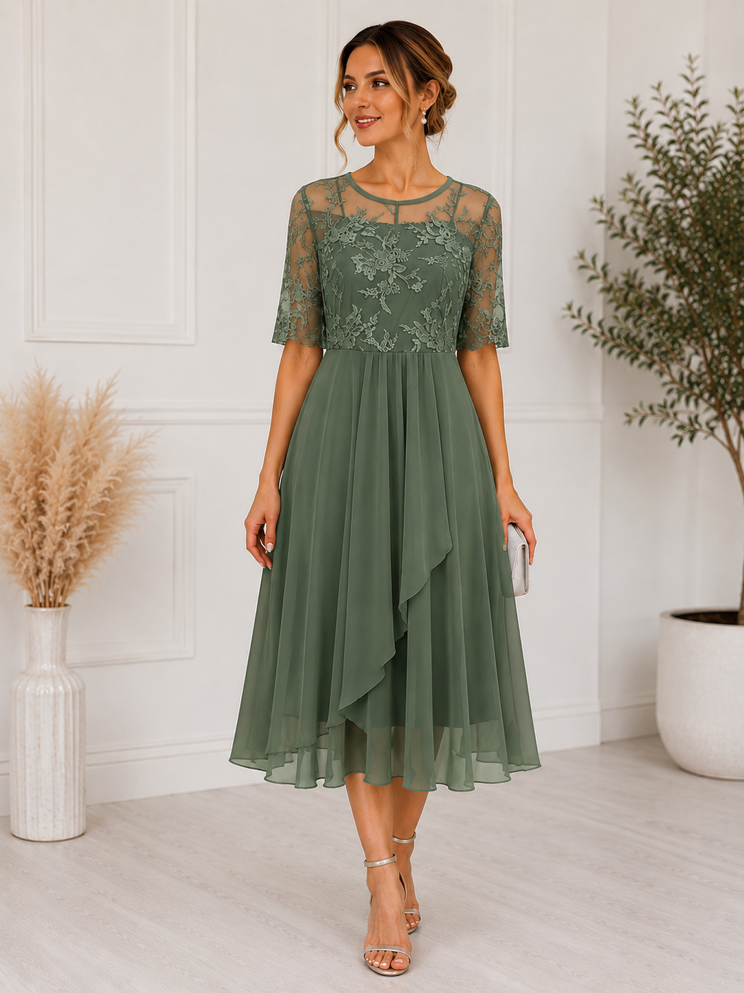 Women's Lace Midi Dress | A-Line Cocktail Dress for Special Occasions