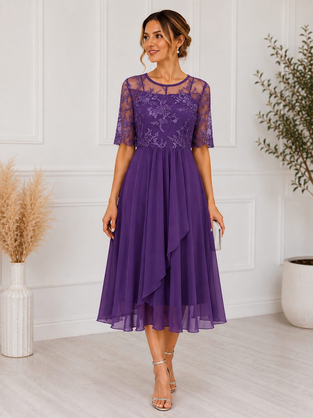 Women's Lace Midi Dress | A-Line Cocktail Dress for Special Occasions