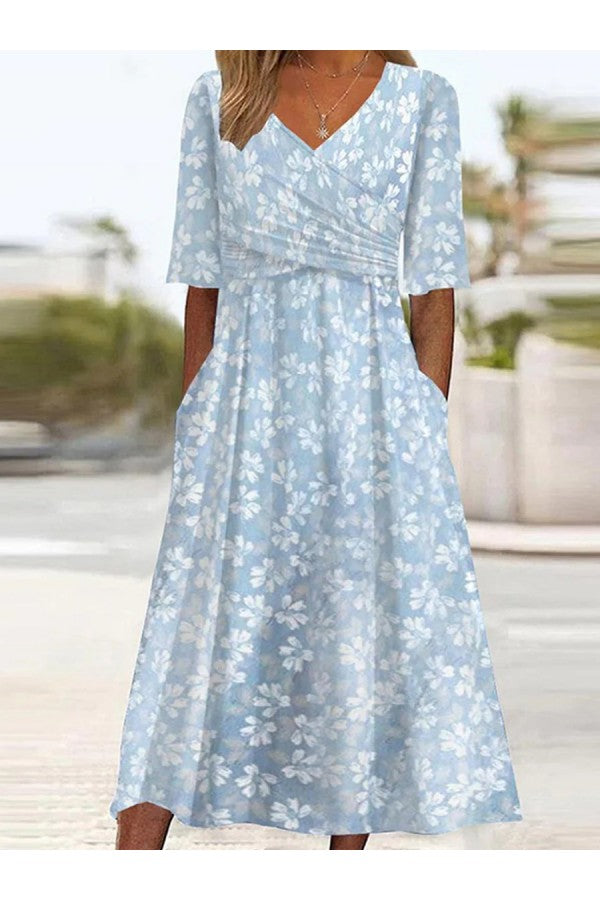 Women's Floral Midi Dress V-Neckline Pockets Casual