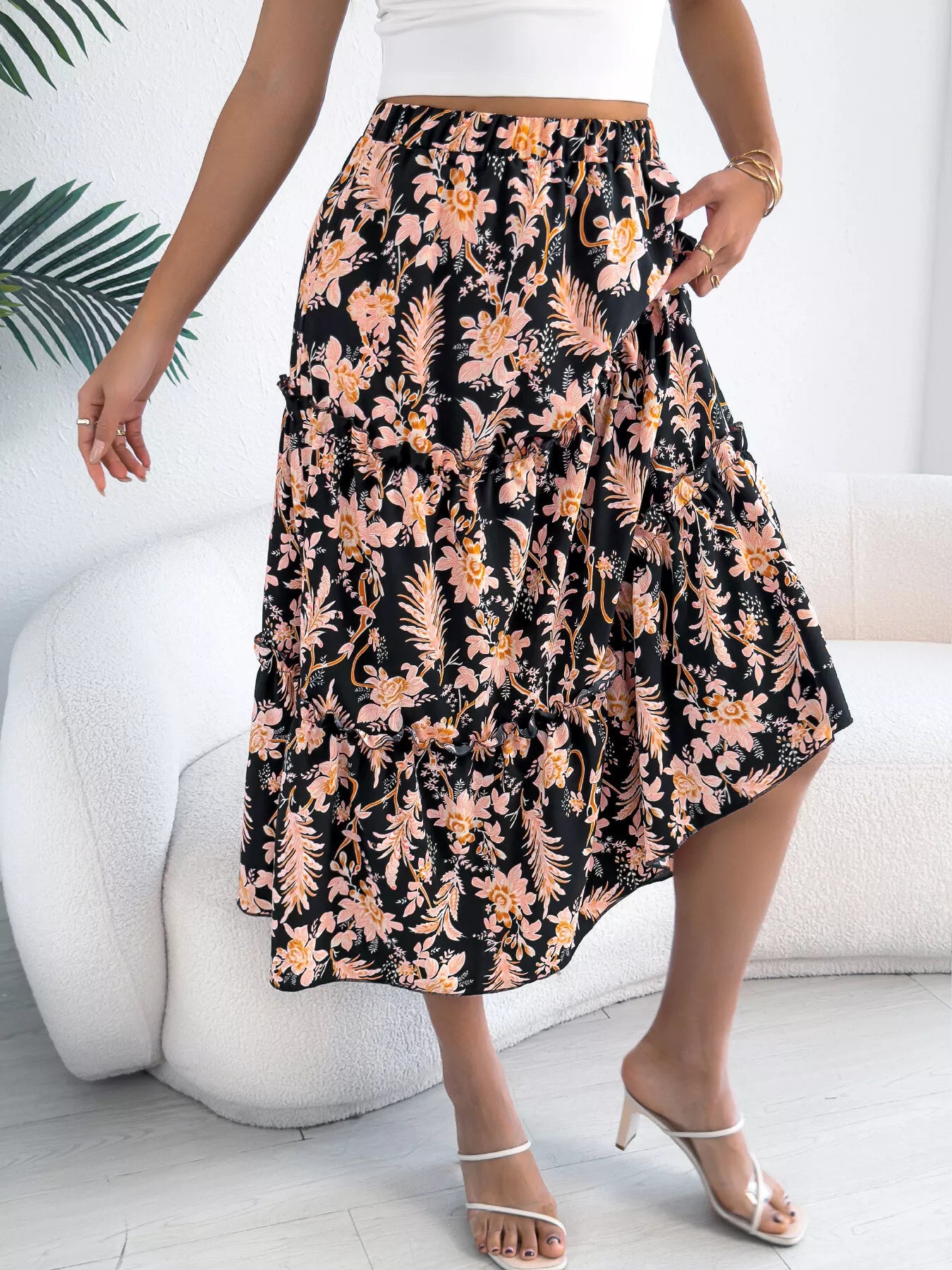 Women's Midi Skirt Floral Ruffle Hem Casual