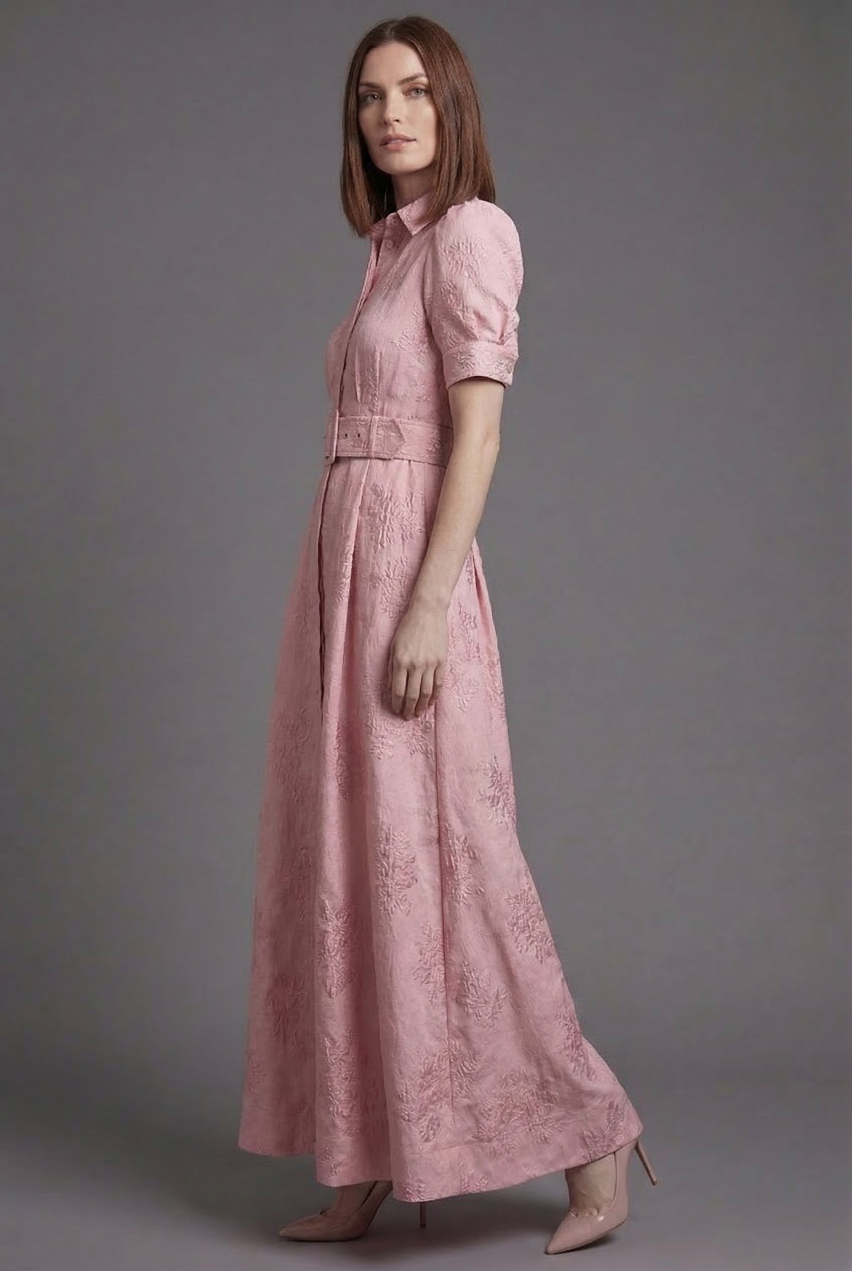 Ascot Belted Puff Sleeve Full Skirt Maxi Dress