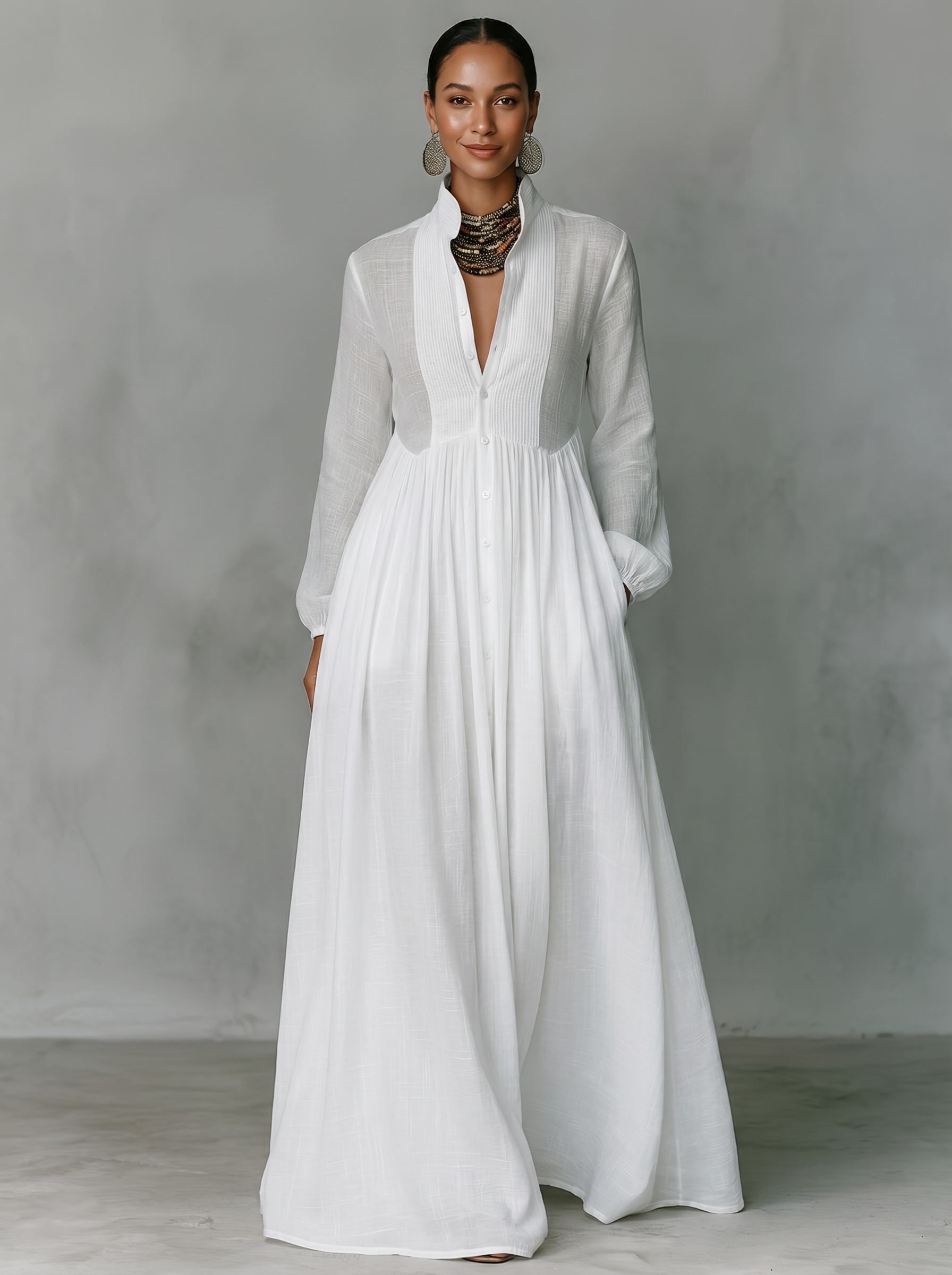 Women's Maxi Dress Cotton Linen Patchwork Stand-Up Collar Long Sleeve Casual Wear