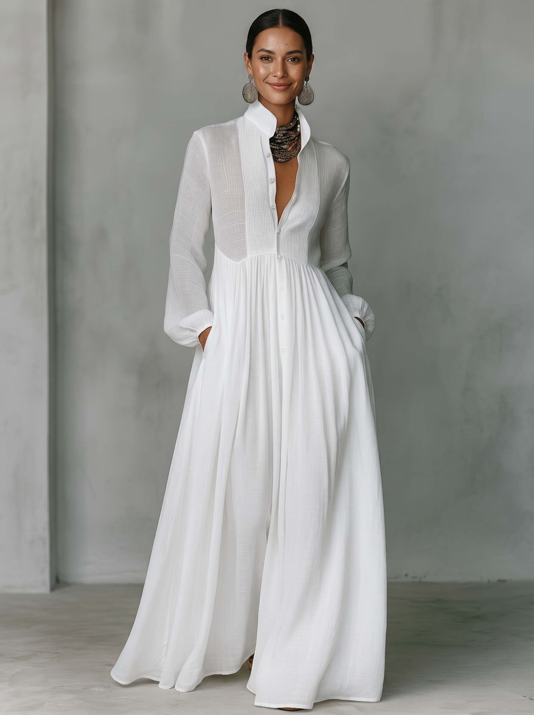 Women's Maxi Dress Cotton Linen Patchwork Stand-Up Collar Long Sleeve Casual Wear