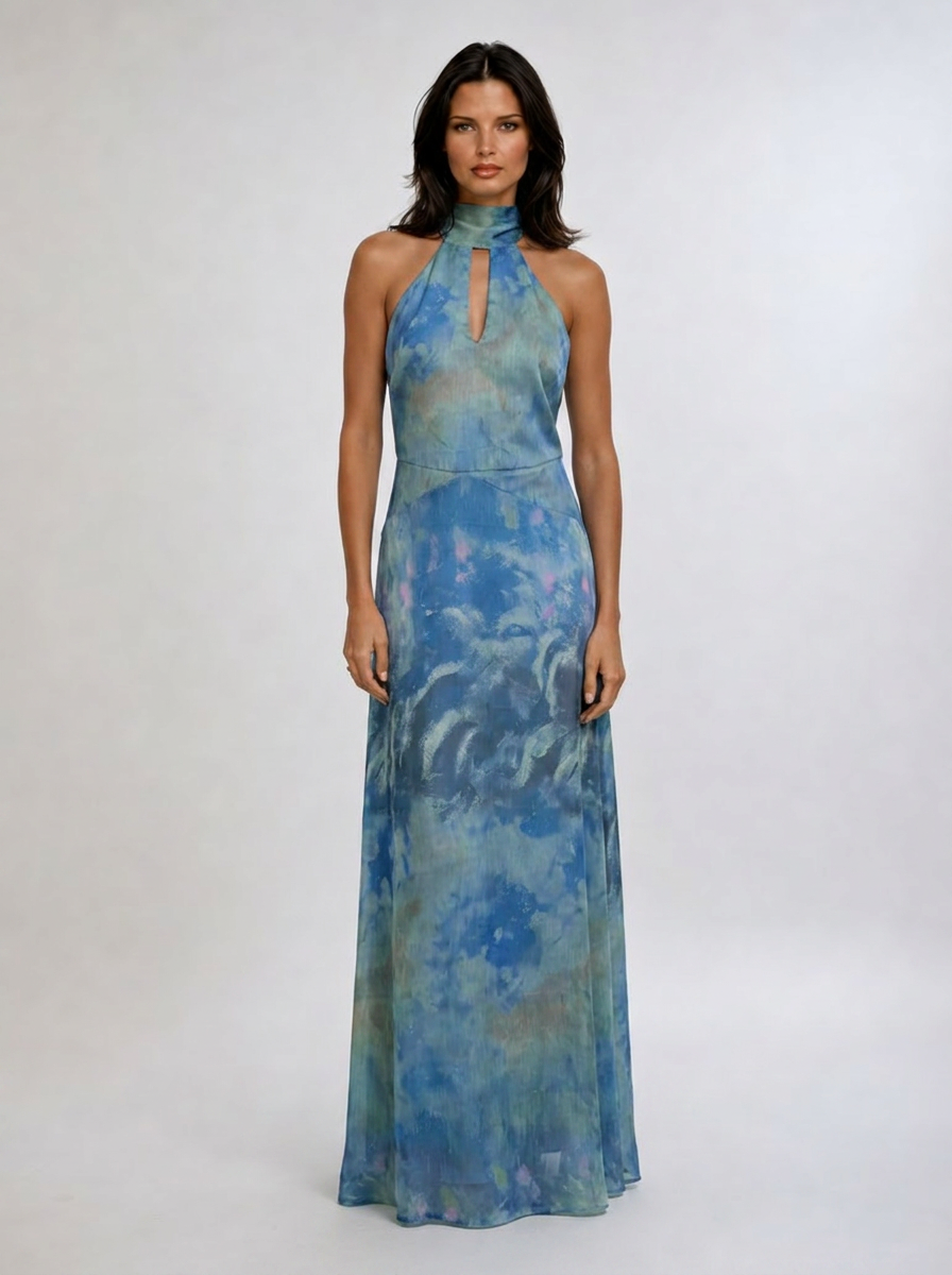 Women's Maxi Dress Monet-Inspired High Neck Open Back Lightweight Chiffon Summer