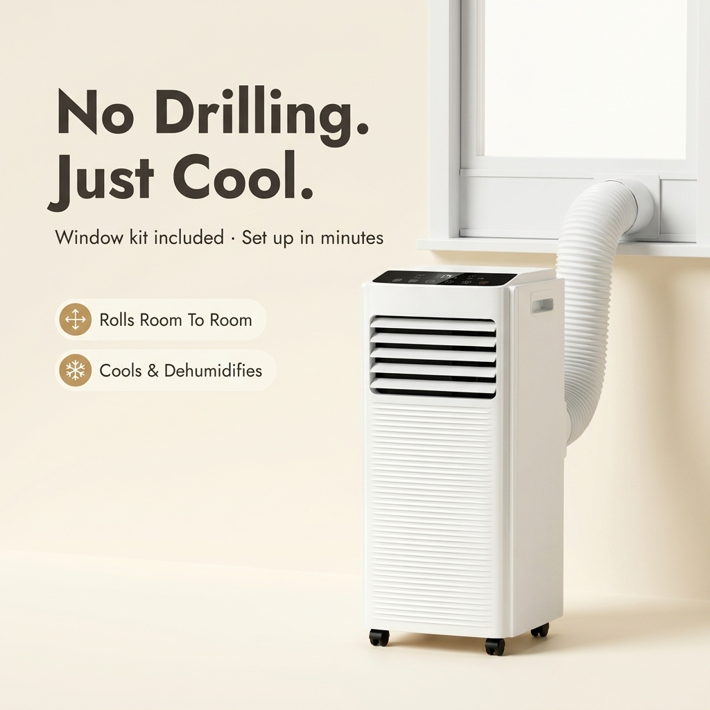 Air Con Unit 7000 BTU – Portable Air Conditioner & Dehumidifier with Window Kit, No Drilling