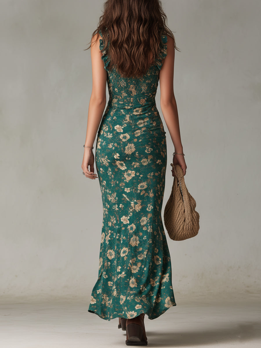 Women's Maxi Dress Floral Ruffle Strap Long Length