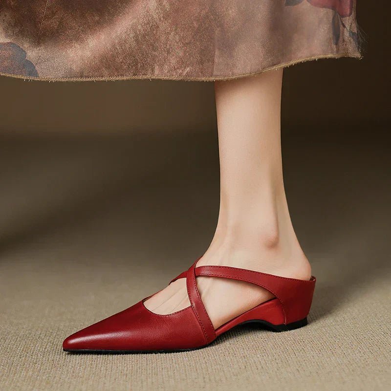 Women's Leather Mules Cross-Strap Pointed Toe Low Heel Slip-On Shoes