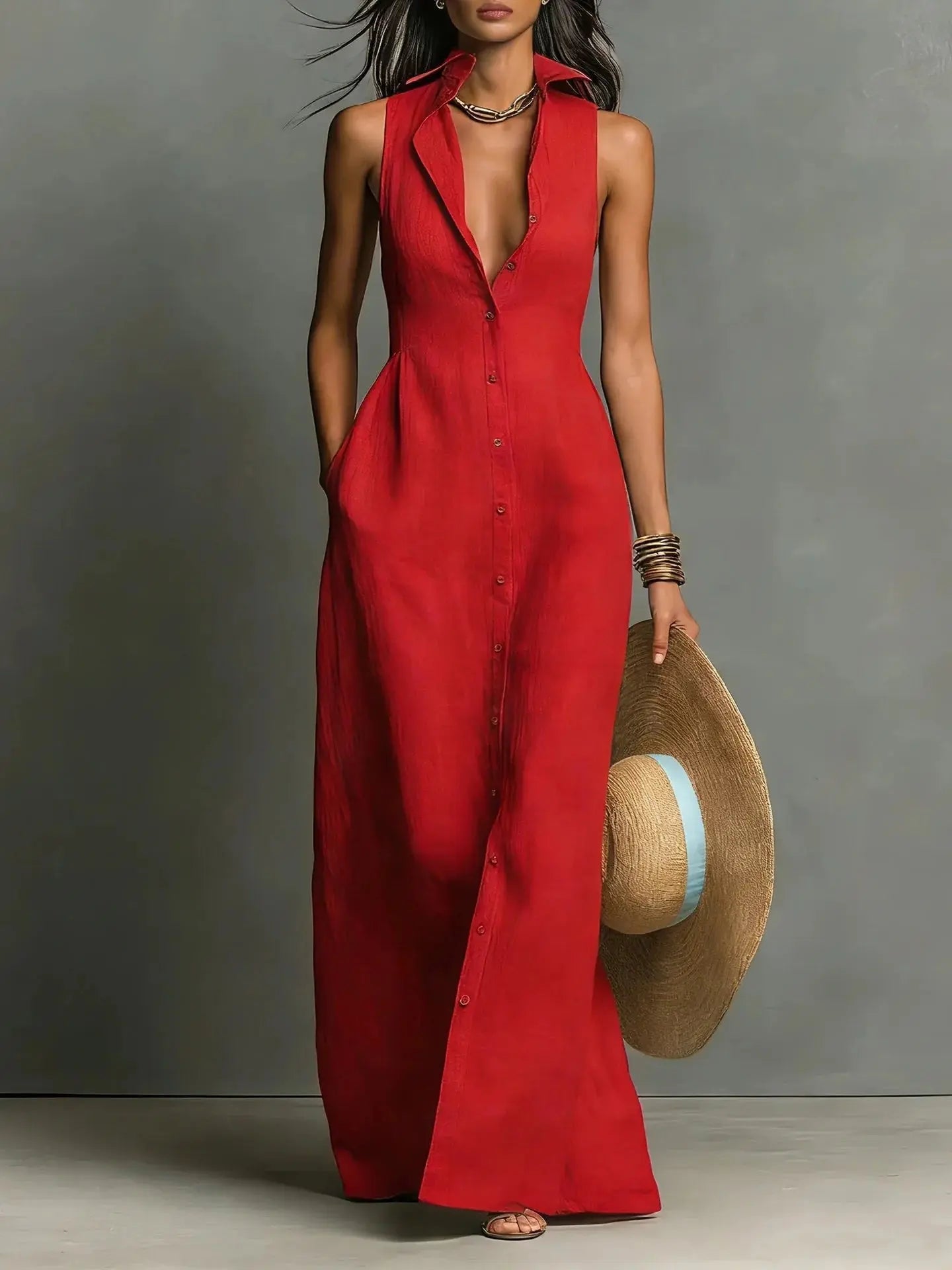 Women's Maxi Shirt Dress Sleeveless Lapel Collar Button Front