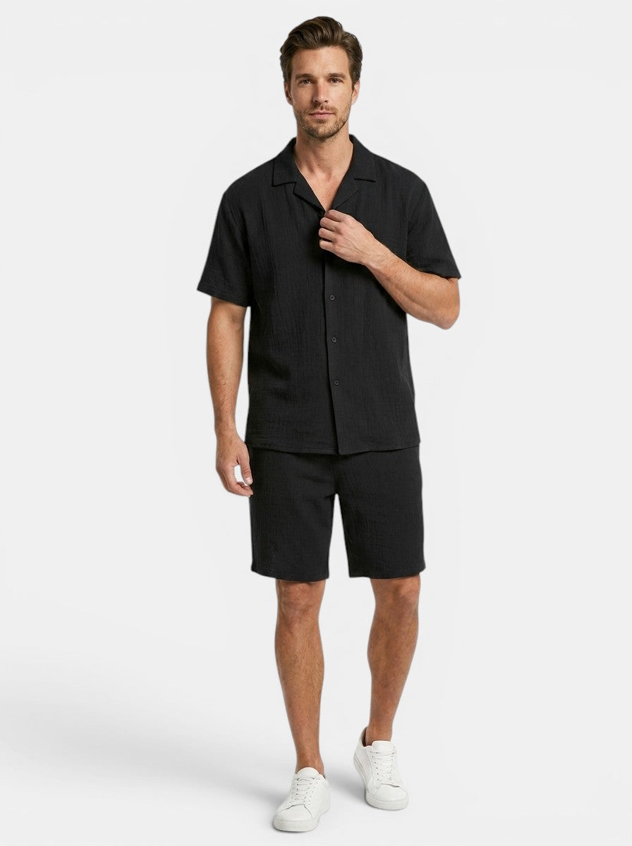 Men's Two-Piece Set Camp Collar Shirt & Elasticated Waist Shorts Casual Outfit