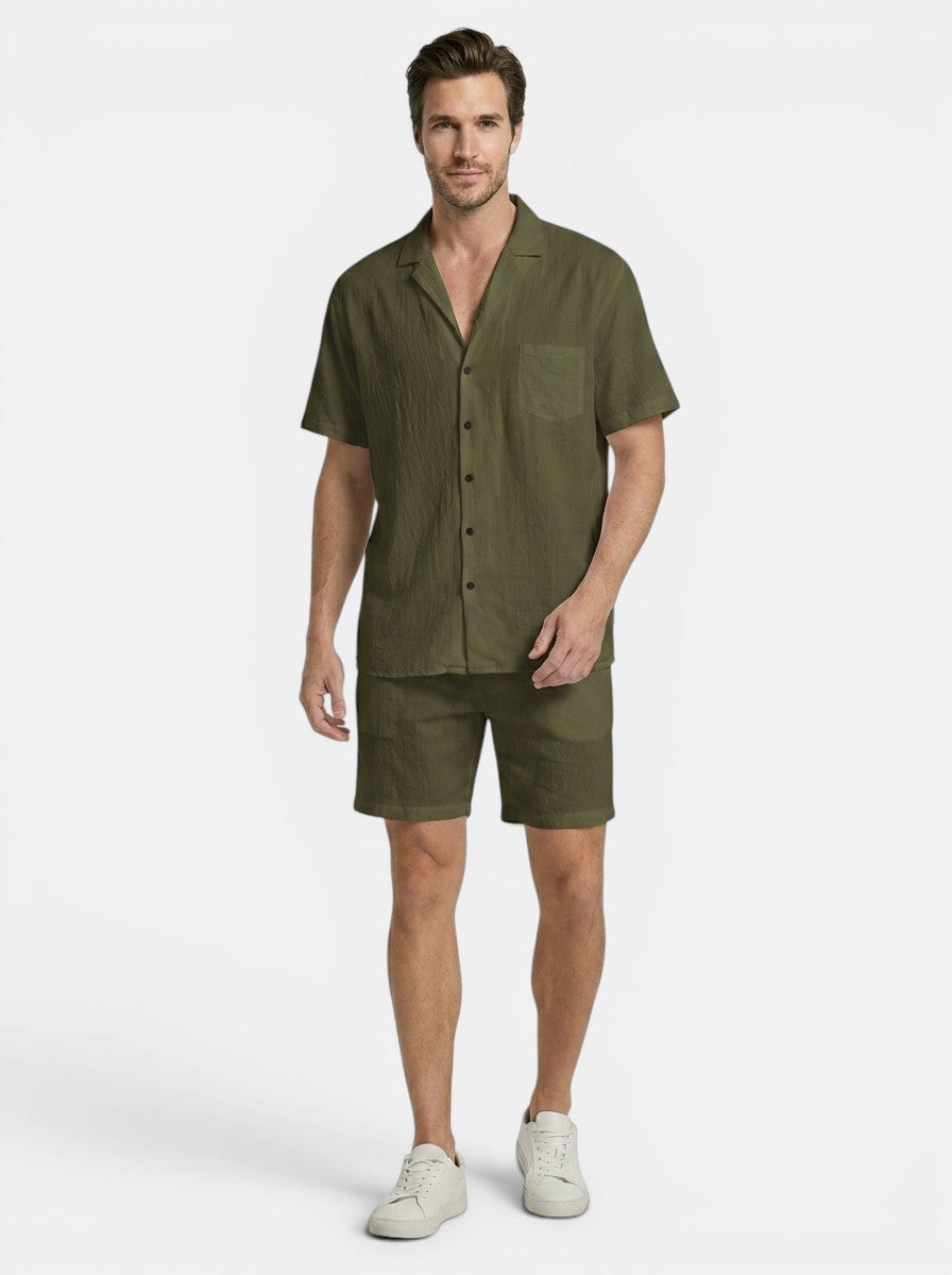 Men's Lightweight Woven Summer Set | Short Sleeve Shirt & Drawstring Shorts | Casual