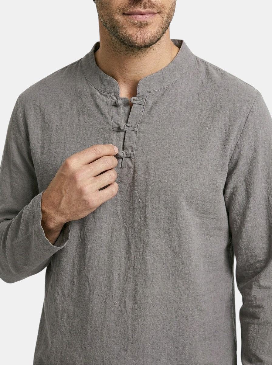 Men's Linen Blend Two-Piece Set | Relaxed Fit Long Sleeve Top, Drawstring Trousers