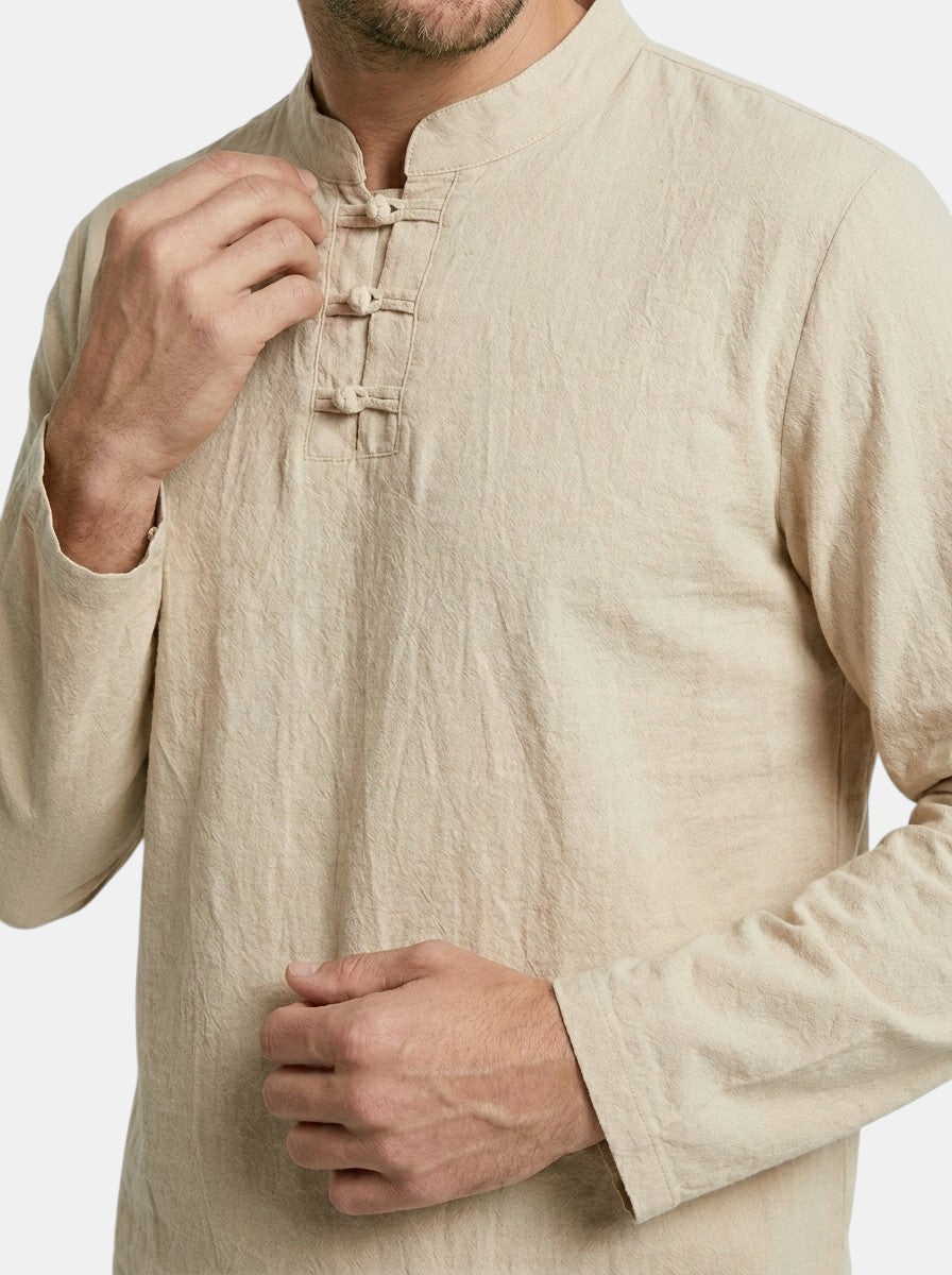Men's Linen Blend Two-Piece Set | Relaxed Fit Long Sleeve Top, Drawstring Trousers