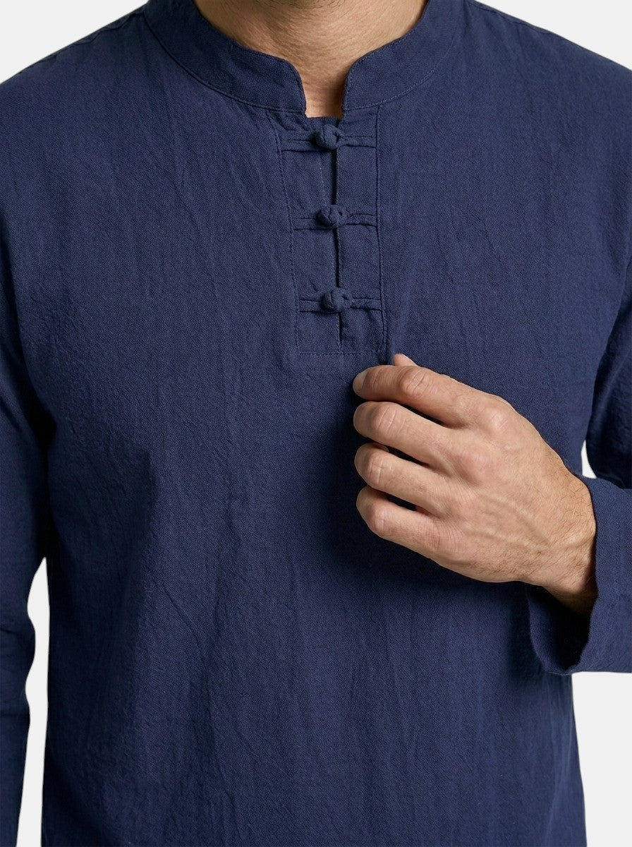 Men's Linen Blend Two-Piece Set | Relaxed Fit Long Sleeve Top, Drawstring Trousers