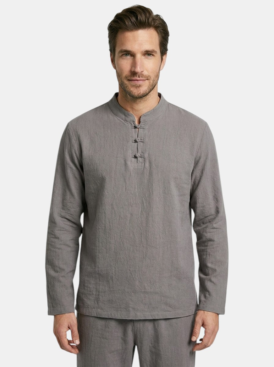 Men's Linen Blend Two-Piece Set | Relaxed Fit Long Sleeve Top, Drawstring Trousers