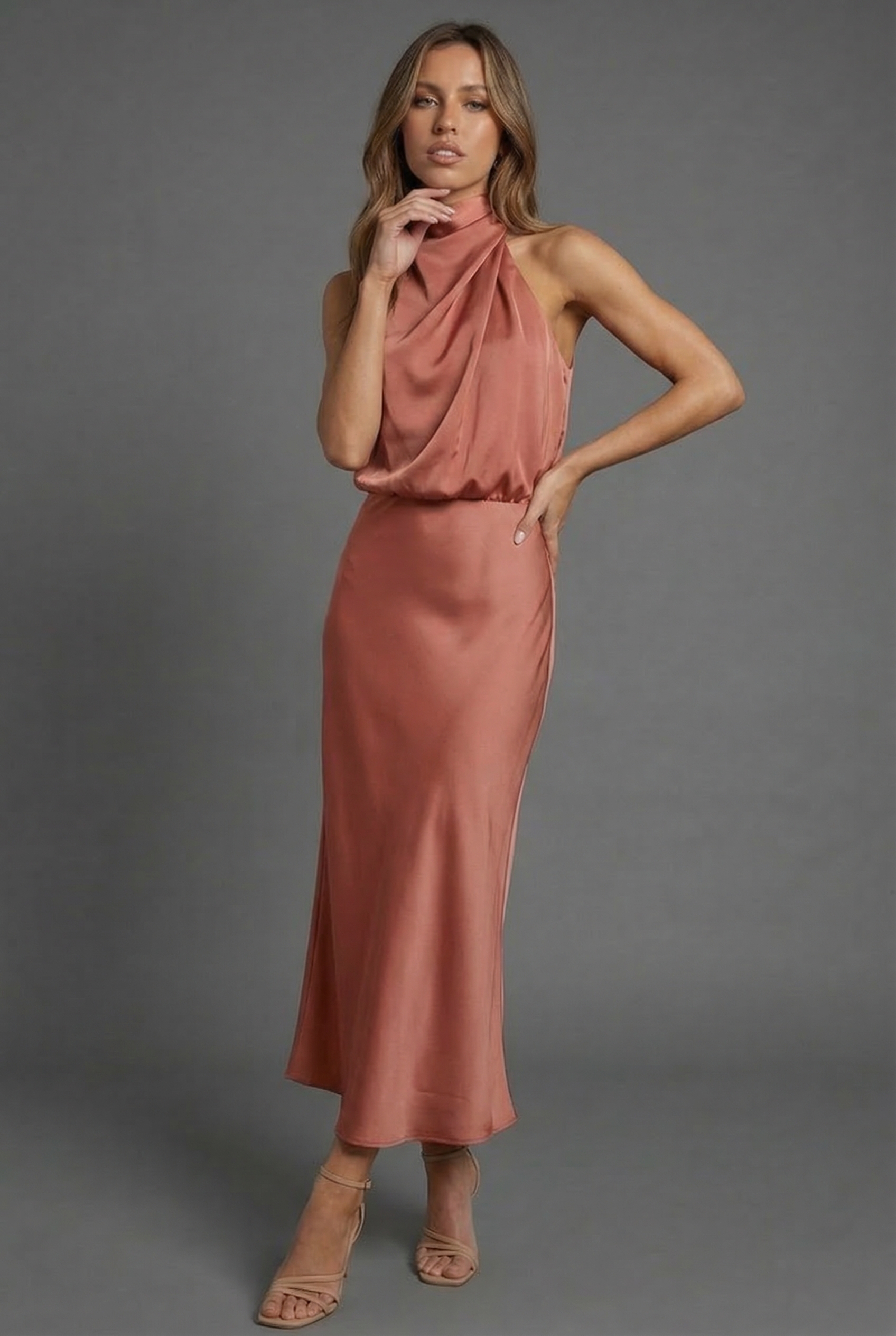 Women's Midi Dress Halterneck Satin Style Wedding Guest