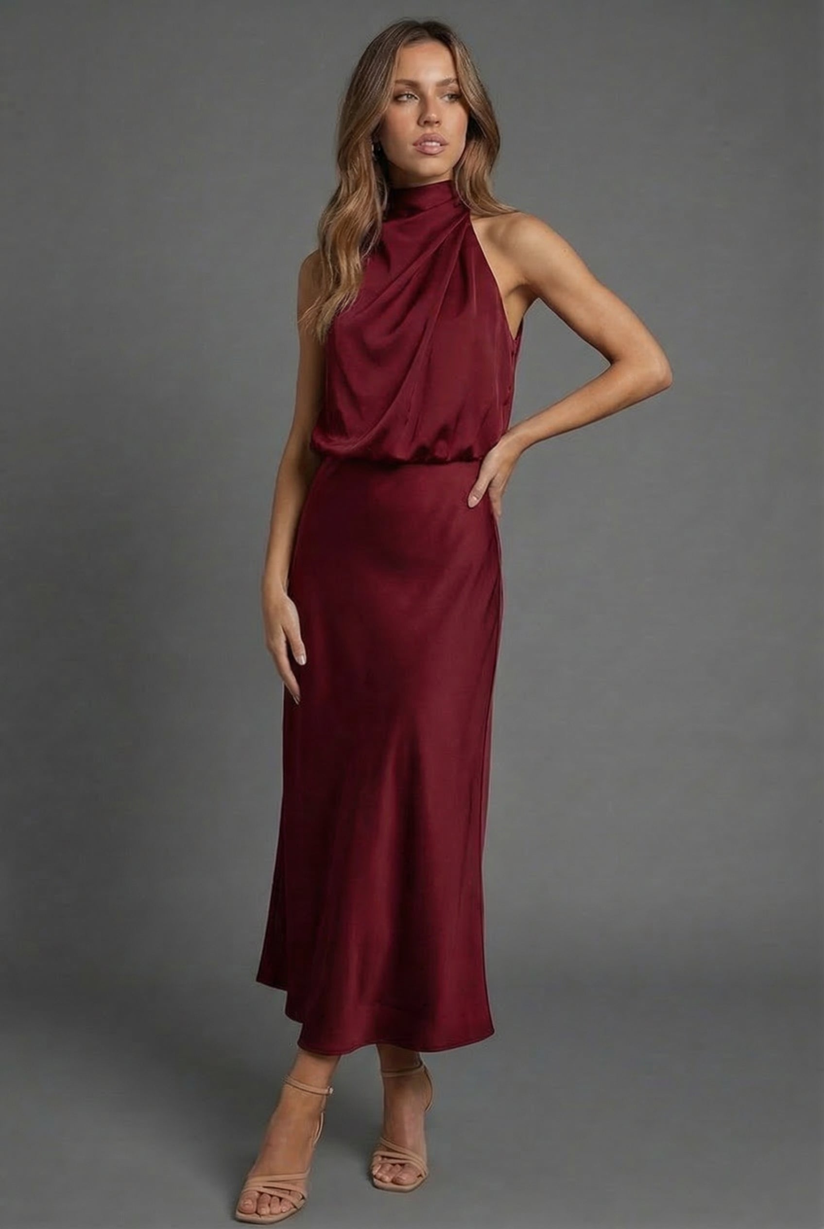 Women's Midi Dress Halterneck Satin Style Wedding Guest