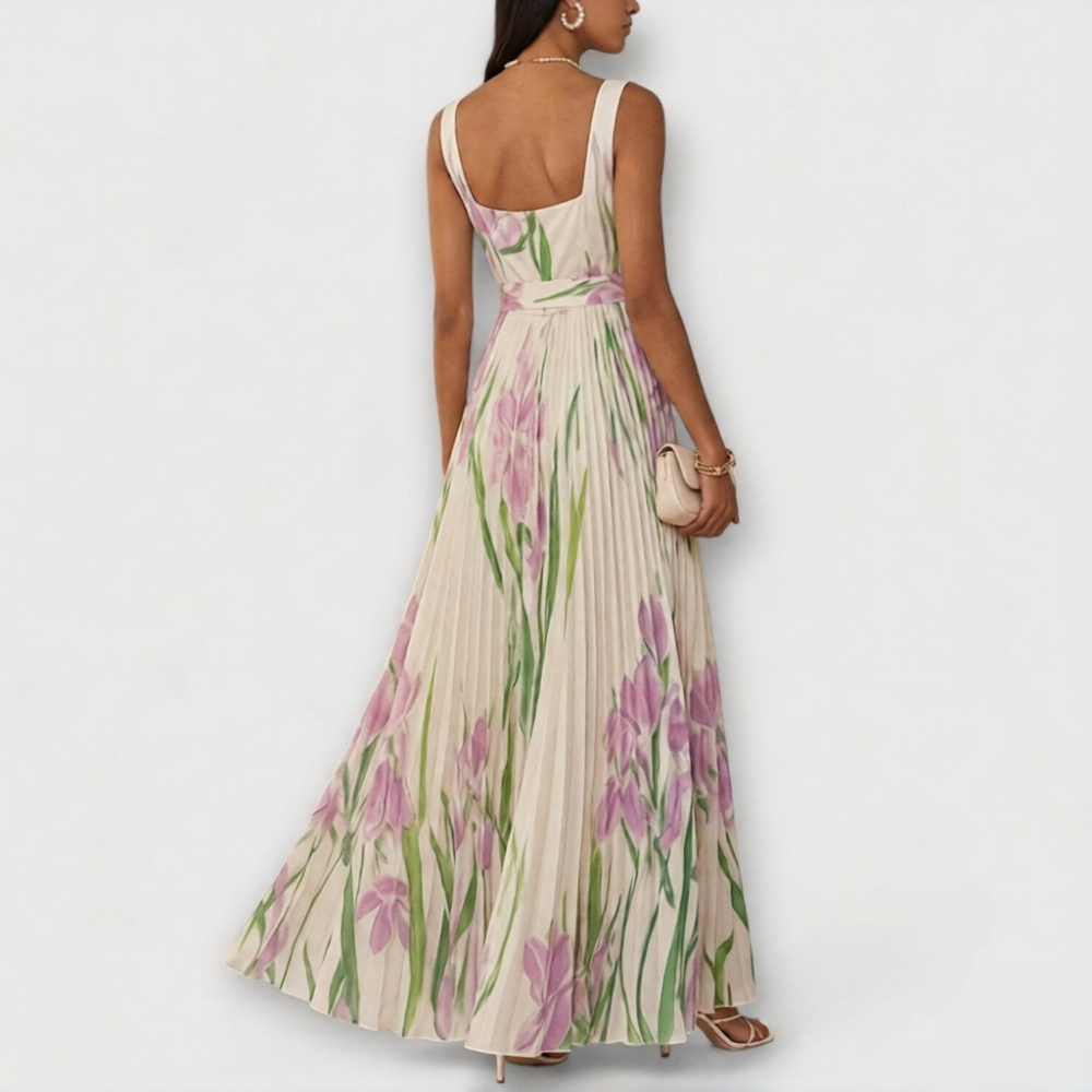 Women's Floral Garden Dress - Spring Chiffon Pleated Maxi