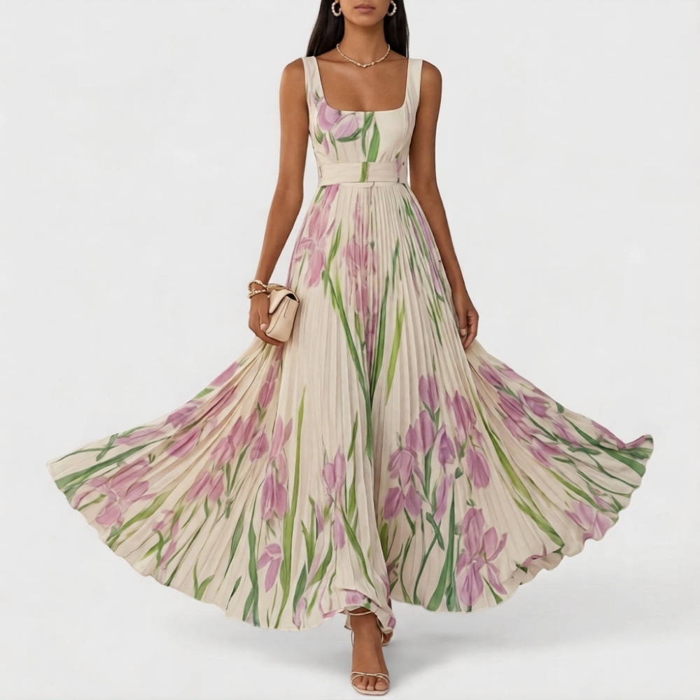Women's Floral Garden Dress - Spring Chiffon Pleated Maxi