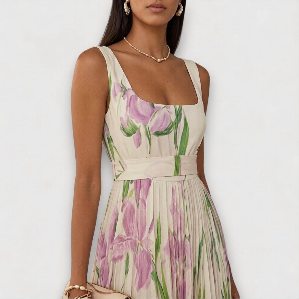 Women's Floral Garden Dress - Spring Chiffon Pleated Maxi