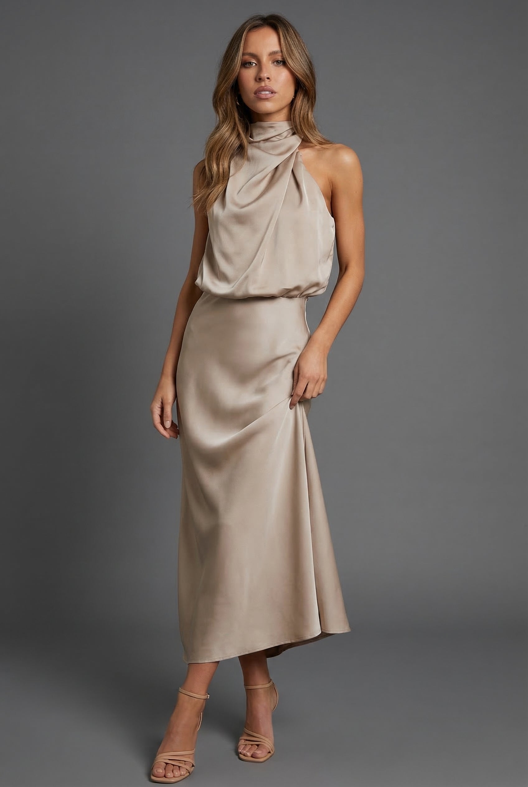 Women's Midi Dress Halterneck Satin Style Wedding Guest
