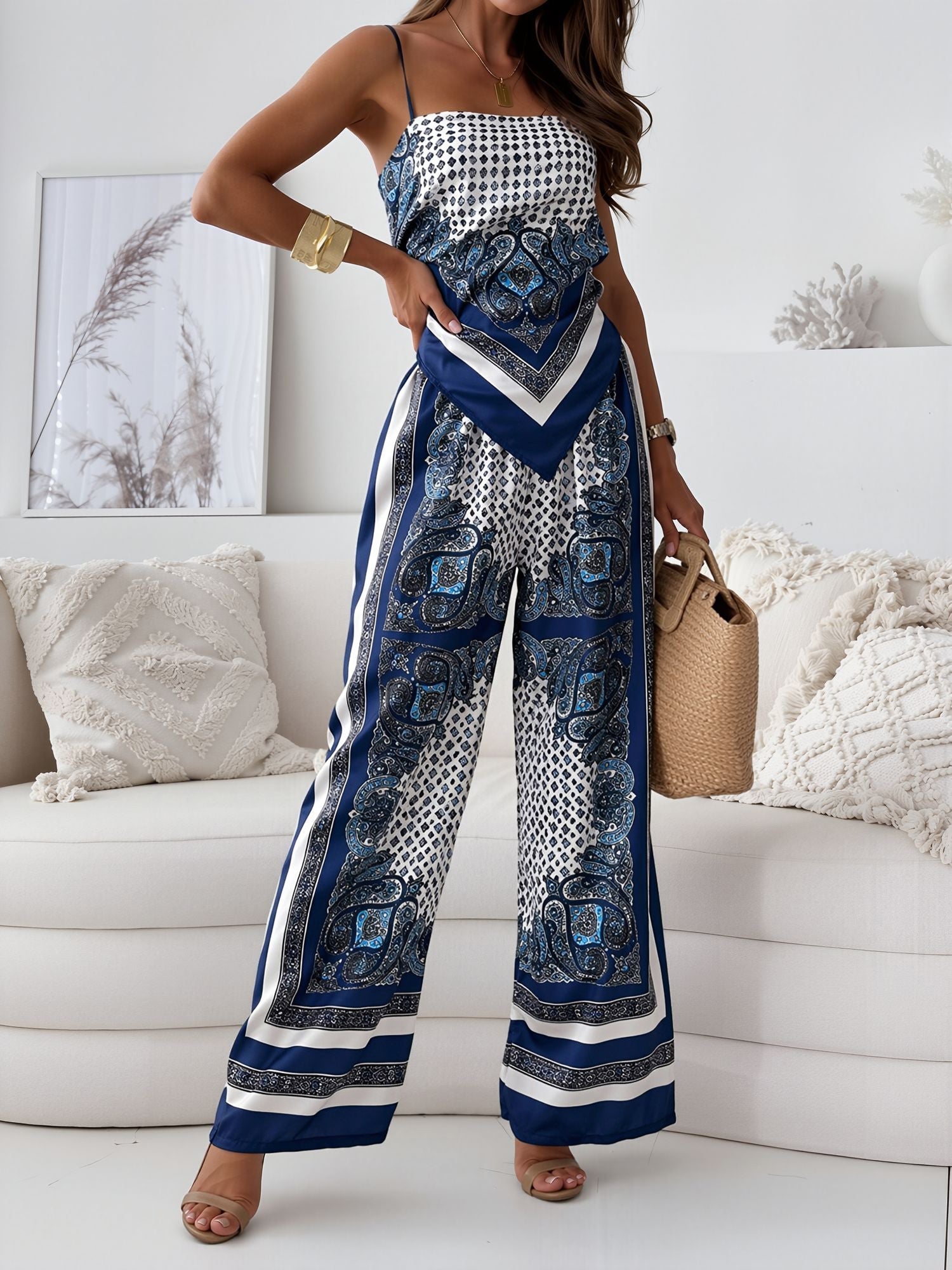 Women's Boho Backless Top & Wide Leg Trousers Matching Set | Resort Wear