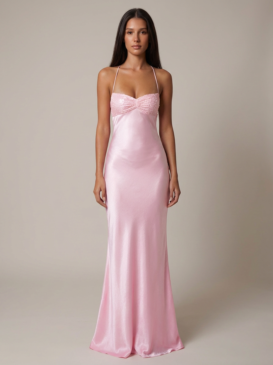 Women's Formal Beaded Halter Maxi Dress