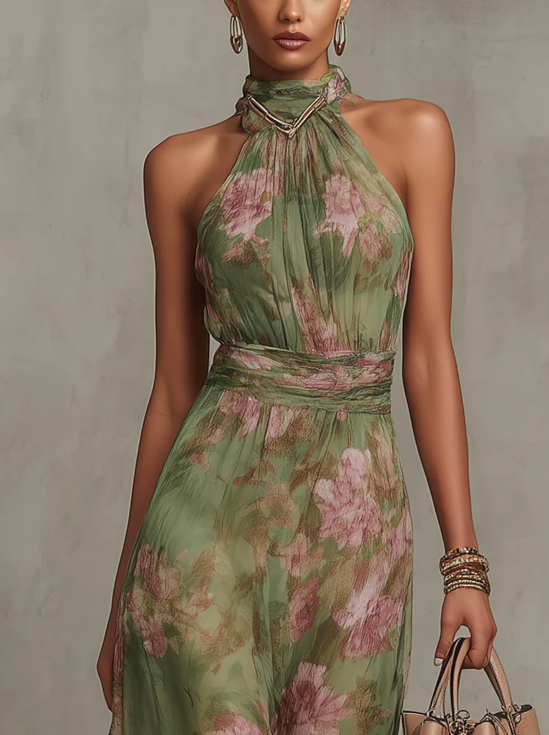 Chiffon Floral Maxi Dress - Halter Neck Wedding Guest Garden Party
