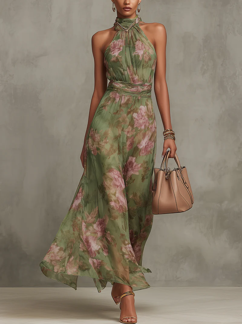 Chiffon Floral Maxi Dress - Halter Neck Wedding Guest Garden Party